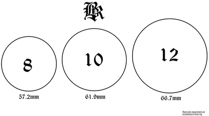 size chart for ring sizes 8, 10, 12 measured in circumference