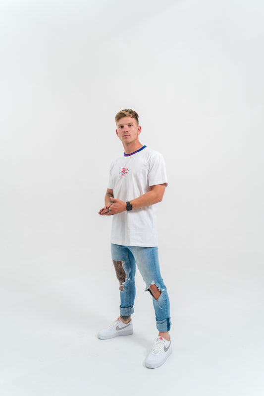 male model wearing white t-shirt, white background