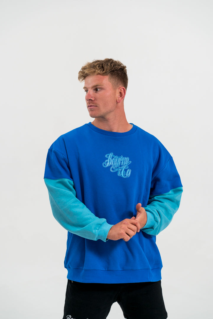 male model looking away, wearing a blue and teal crewneck hoodie and black shorts, white background