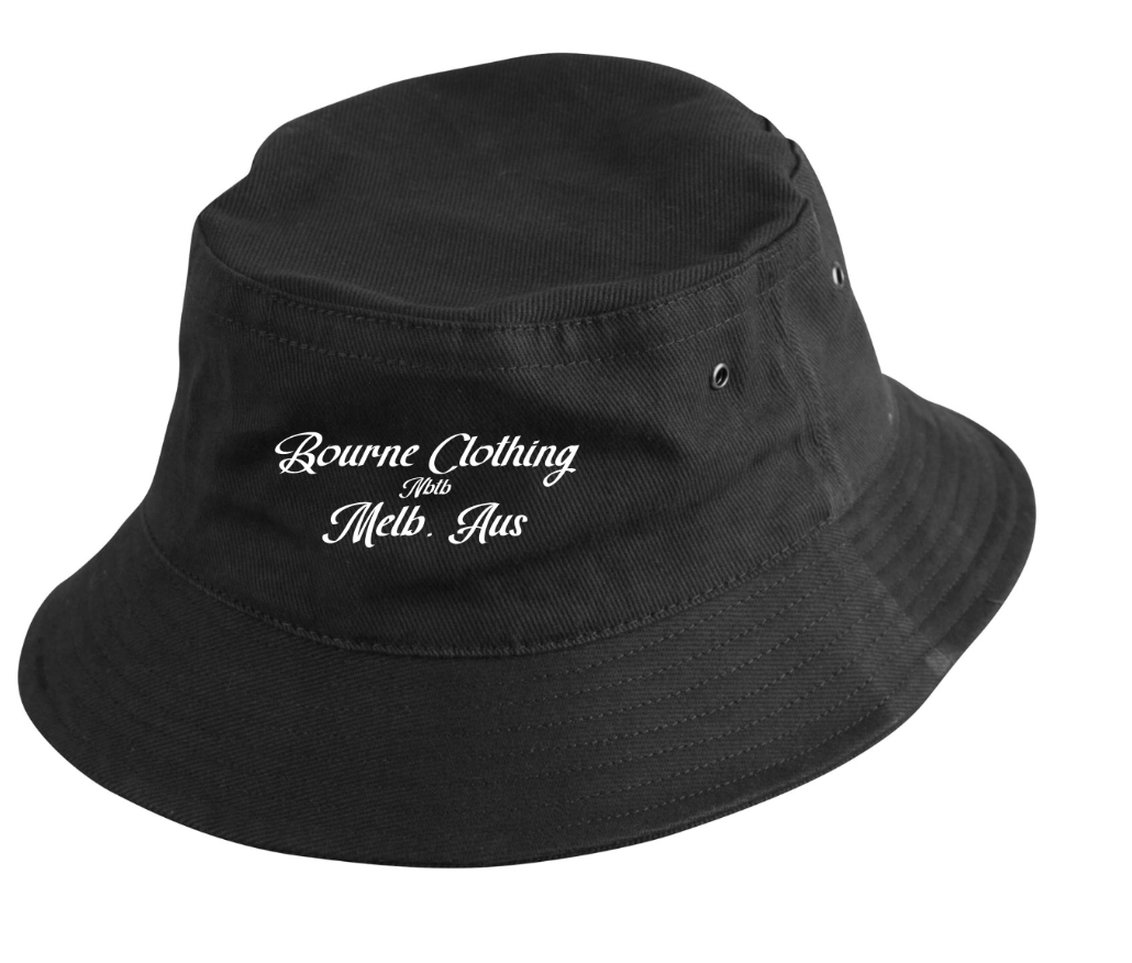 bucket hat with cursive text