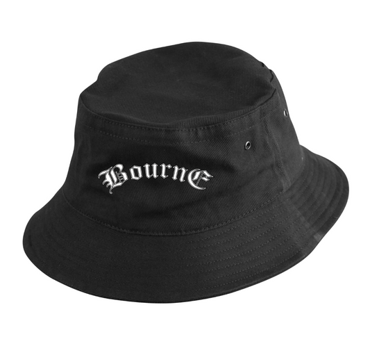 black bucket hat with logo on the front